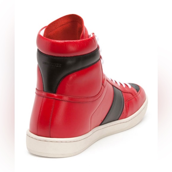 EUC Men Size 10 Saint Laurent SL/10H Contrast-Stripe High Top Sneakers Red/White - Picture 2 of 14